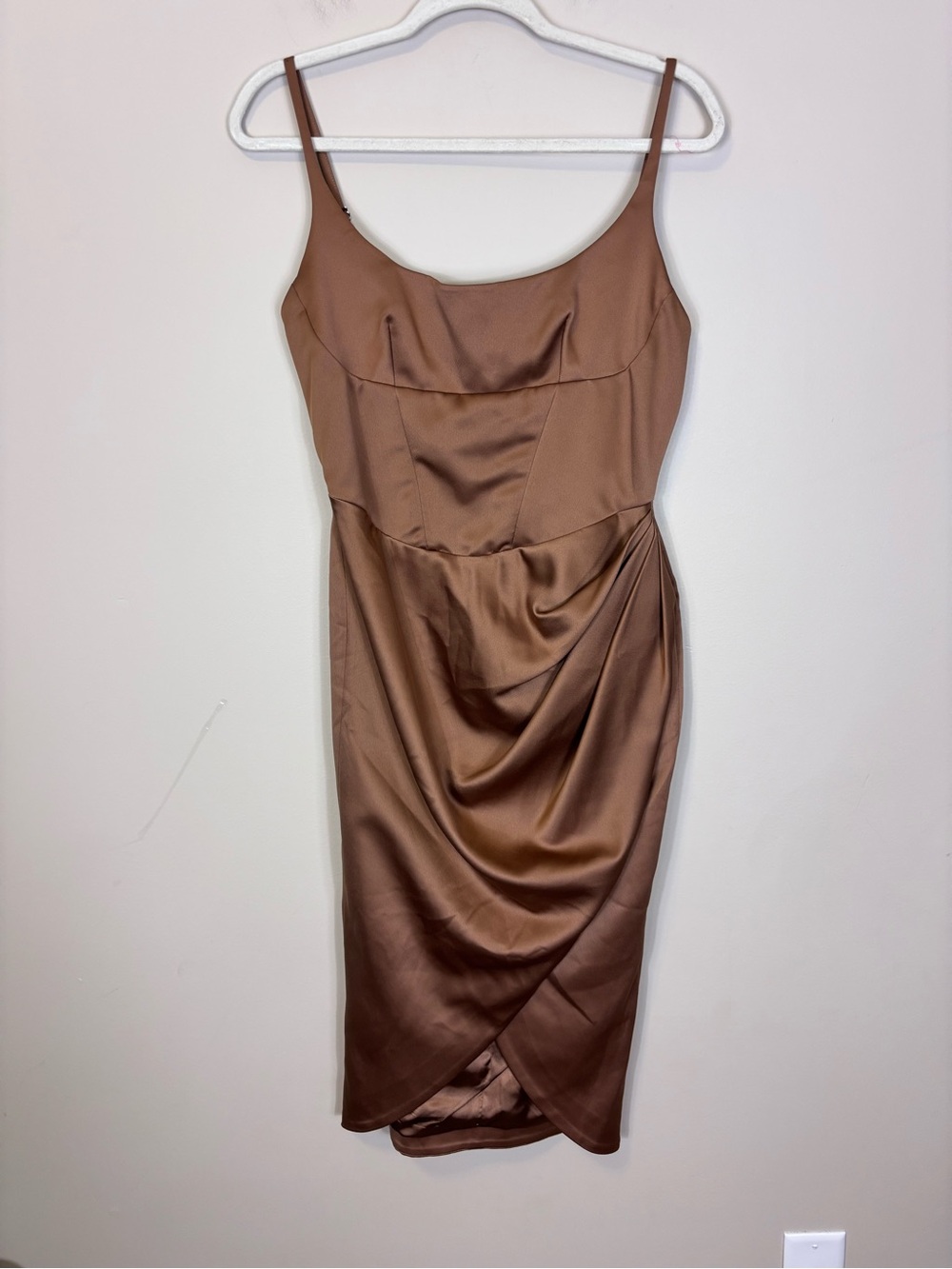 House of CB Chocolate Brown Satin Below Knee Slip Dress Medium